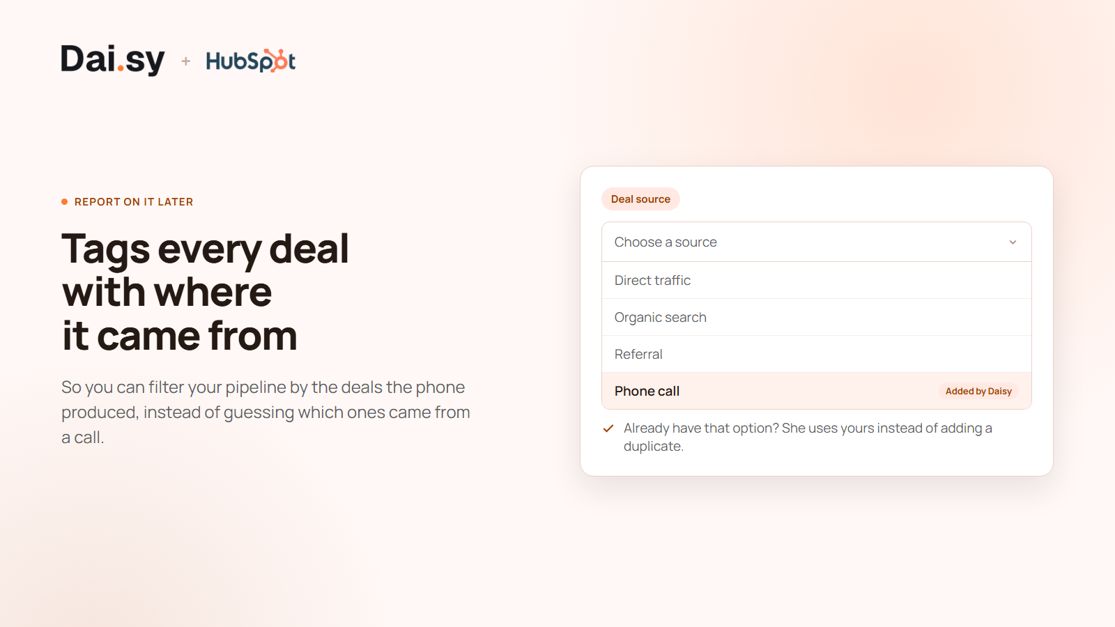 Het dropdown-menu ‘Dealbron’ in HubSpot met de optie ‘Telefoongesprek’ die Daisy heeft toegevoegd, klaar om de pijplijn op basis van telefoongesprekken te filteren.